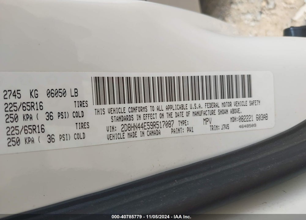 2009 DODGE GRAND CARAVAN SE VIN: 2D8HN44E59R517087