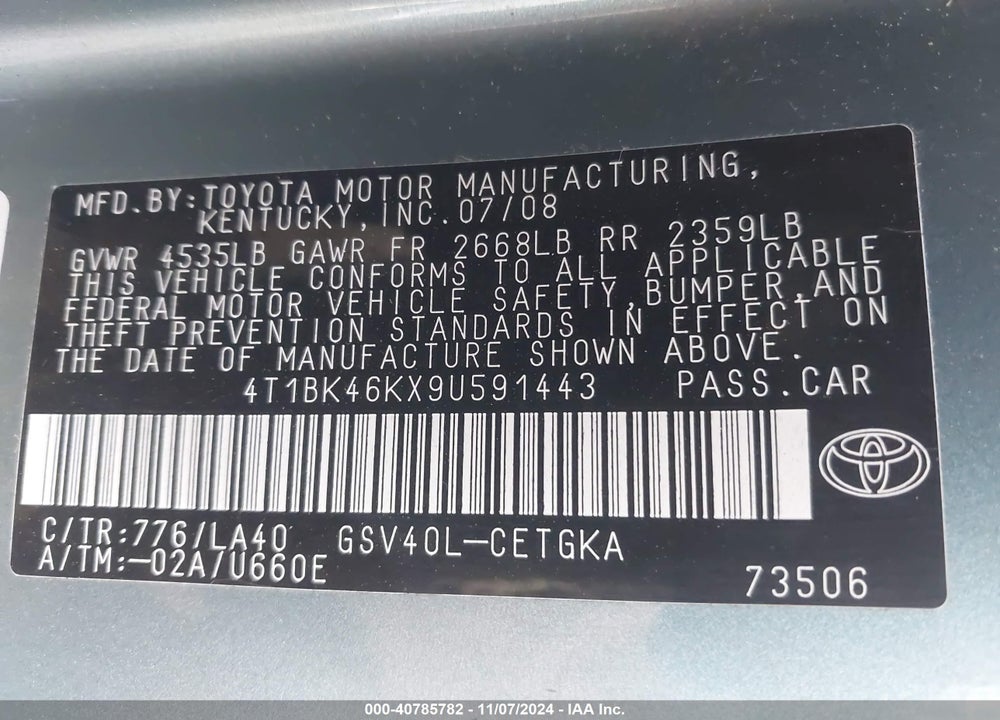2009 TOYOTA CAMRY XLE V6 VIN: 4T1BK46KX9U591443