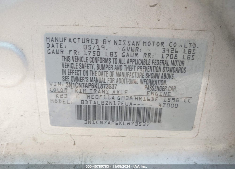 2019 NISSAN VERSA 1.6 SV VIN: 3N1CN7AP6KL873537