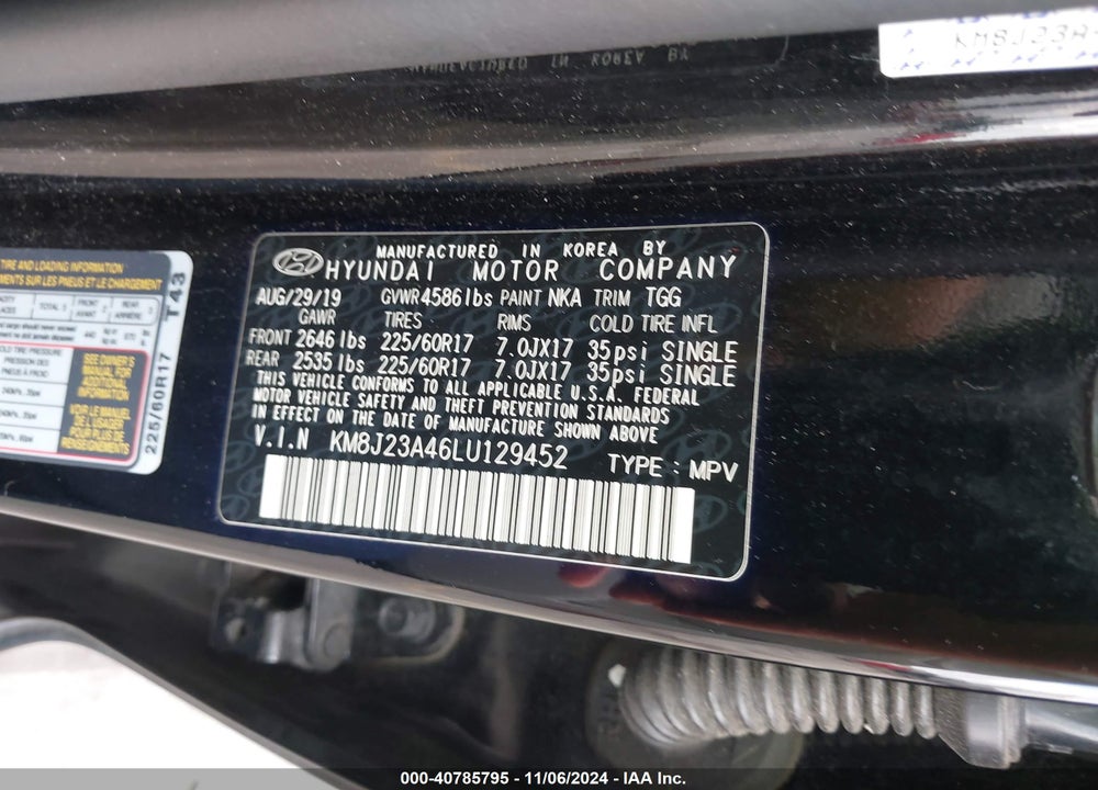 2020 HYUNDAI TUCSON SE VIN: KM8J23A46LU129452