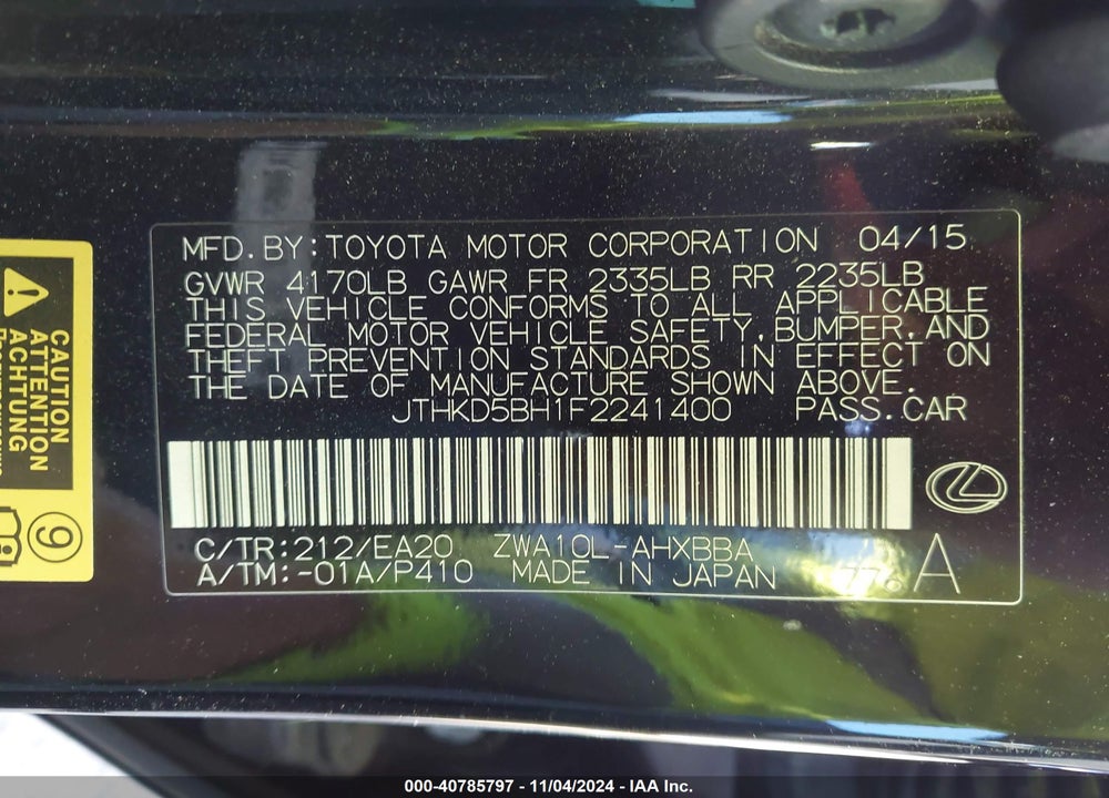 2015 LEXUS CT 200H VIN: JTHKD5BH1F2241400