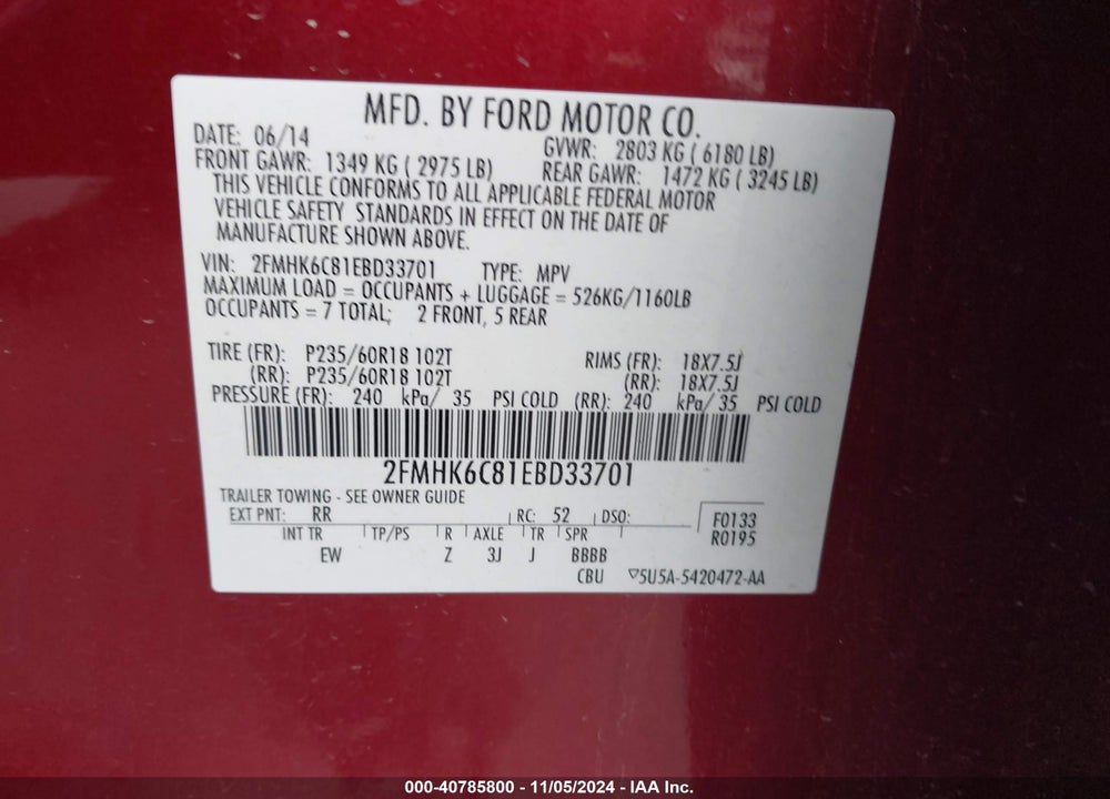 2014 FORD FLEX SEL VIN: 2FMHK6C81EBD33701