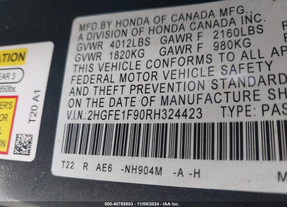 2024 HONDA CIVIC TOURING VIN: 2HGFE1F90RH324423