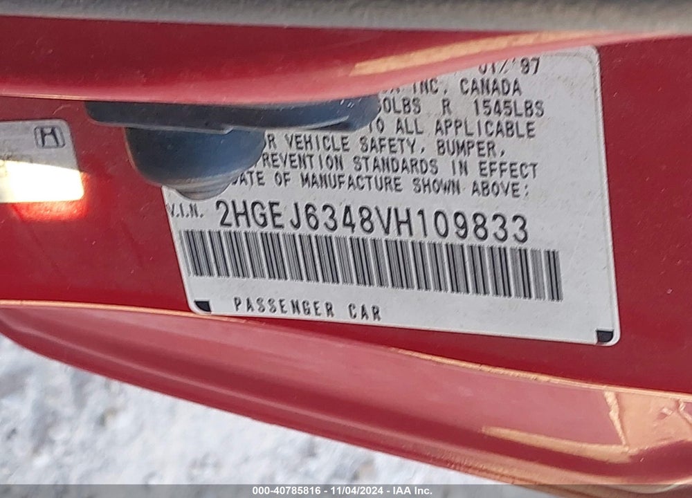 1997 HONDA CIVIC DX VIN: 2HGEJ6348VH109833