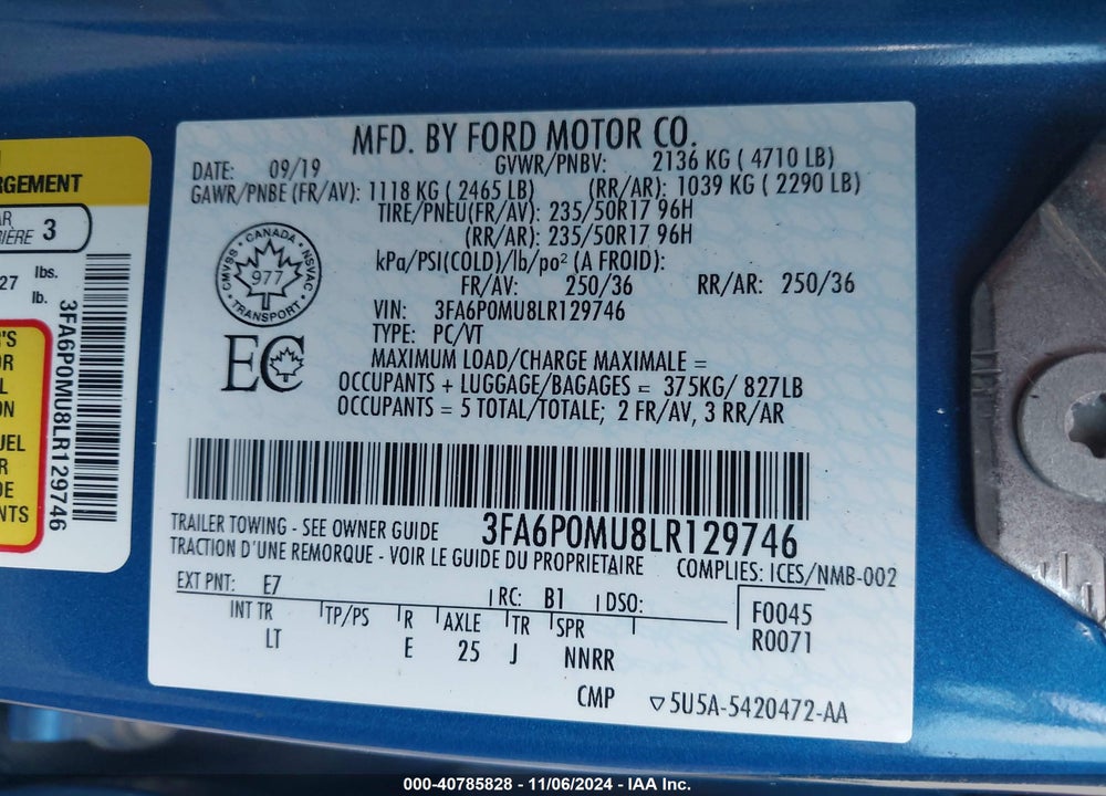 2020 FORD FUSION HYBRID SEL VIN: 3FA6P0MU8LR129746