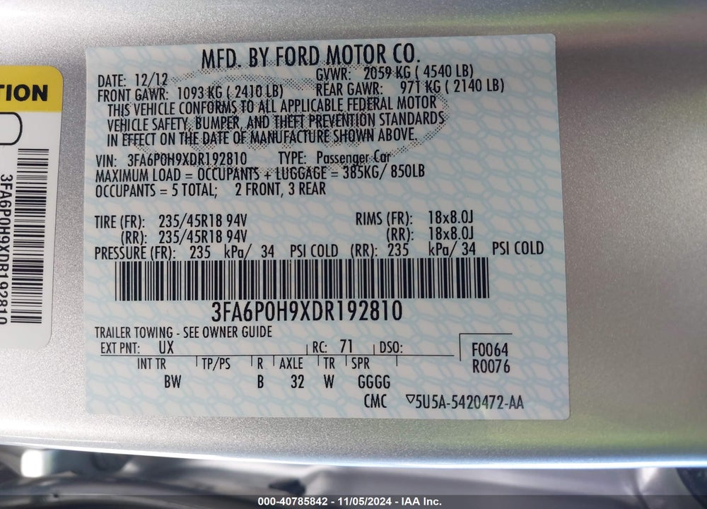 2013 FORD FUSION SE VIN: 3FA6P0H9XDR192810