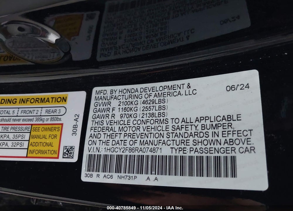 2024 HONDA ACCORD HYBRID TOURING VIN: 1HGCY2F86RA074871
