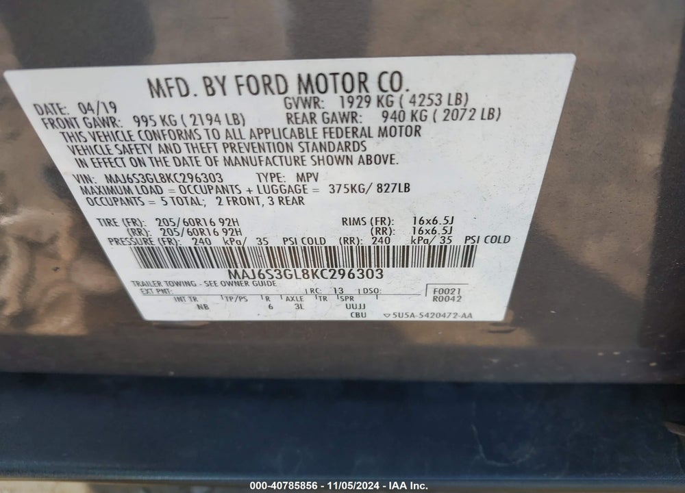 2019 FORD ECOSPORT SE VIN: MAJ6S3GL8KC296303