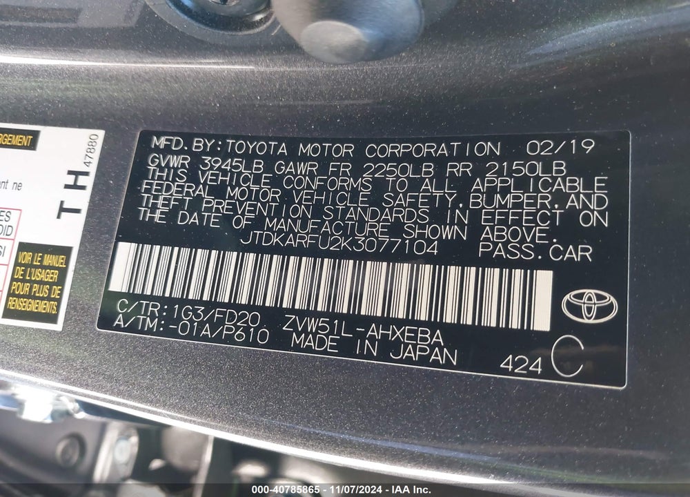 2019 TOYOTA PRIUS LE VIN: JTDKARFU2K3077104