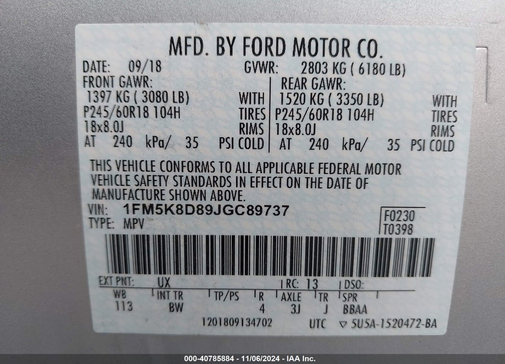 2018 FORD EXPLORER XLT VIN: 1FM5K8D89JGC89737