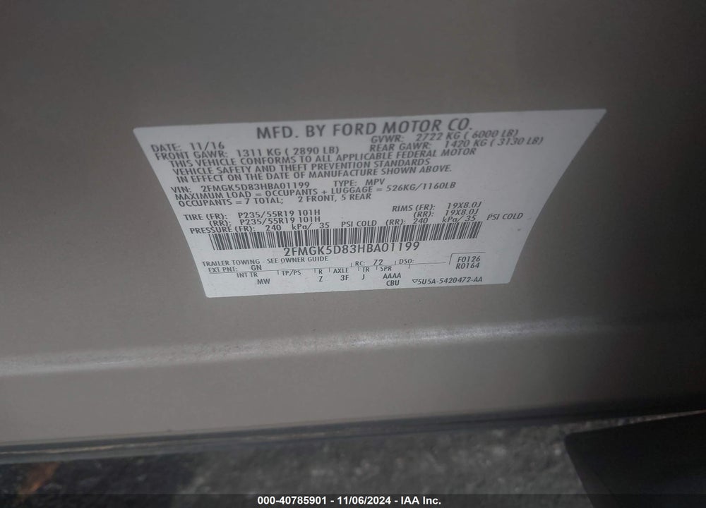 2017 FORD FLEX LIMITED VIN: 2FMGK5D83HBA01199