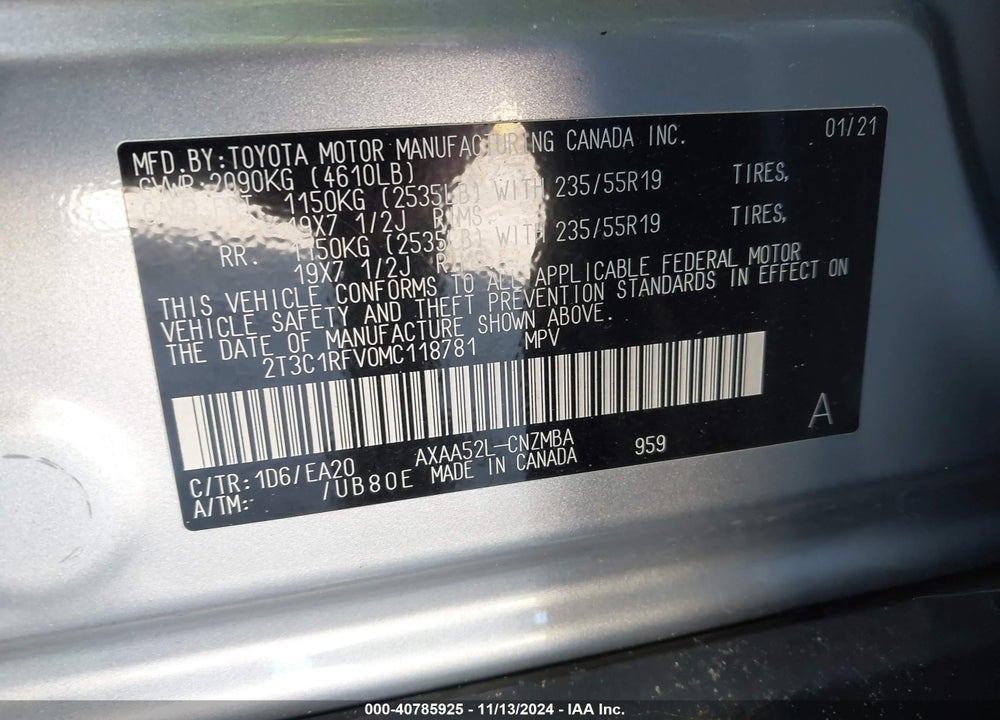 2021 TOYOTA RAV4 XLE PREMIUM VIN: 2T3C1RFV0MC118781