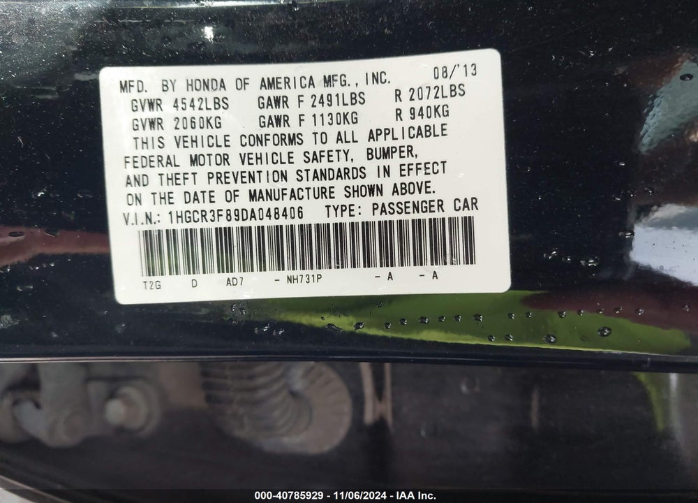 2013 HONDA ACCORD EX-L V-6 VIN: 1HGCR3F89DA048406
