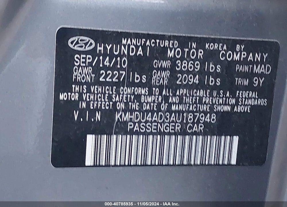 2010 HYUNDAI ELANTRA SE VIN: KMHDU4AD3AU187948