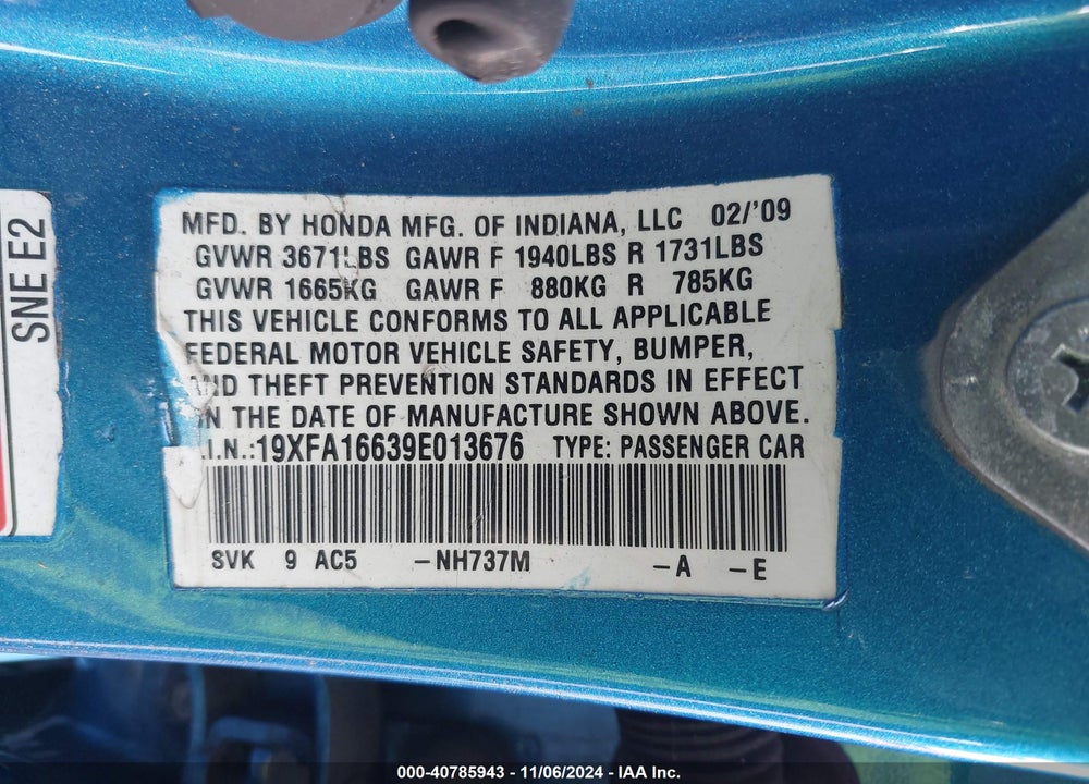 2009 HONDA CIVIC LX-S VIN: 19XFA16639E013676