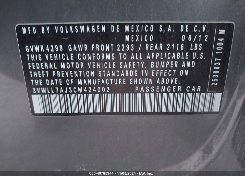2012 VOLKSWAGEN JETTA 2.0L TDI VIN: 3VWLL7AJ3CM424002