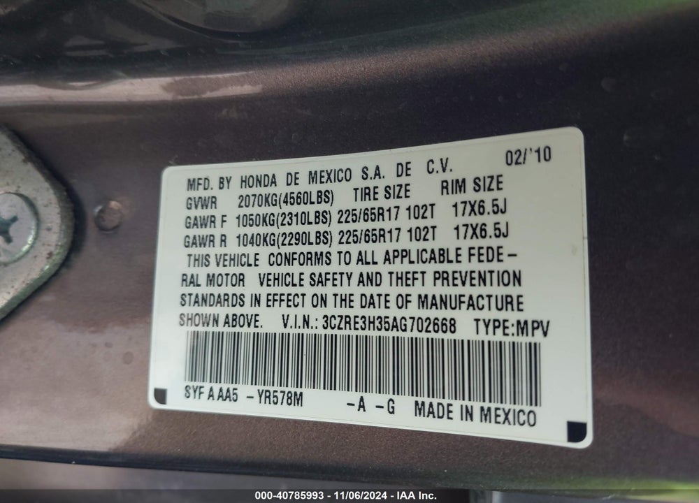 2010 HONDA CR-V LX VIN: 3CZRE3H35AG702668