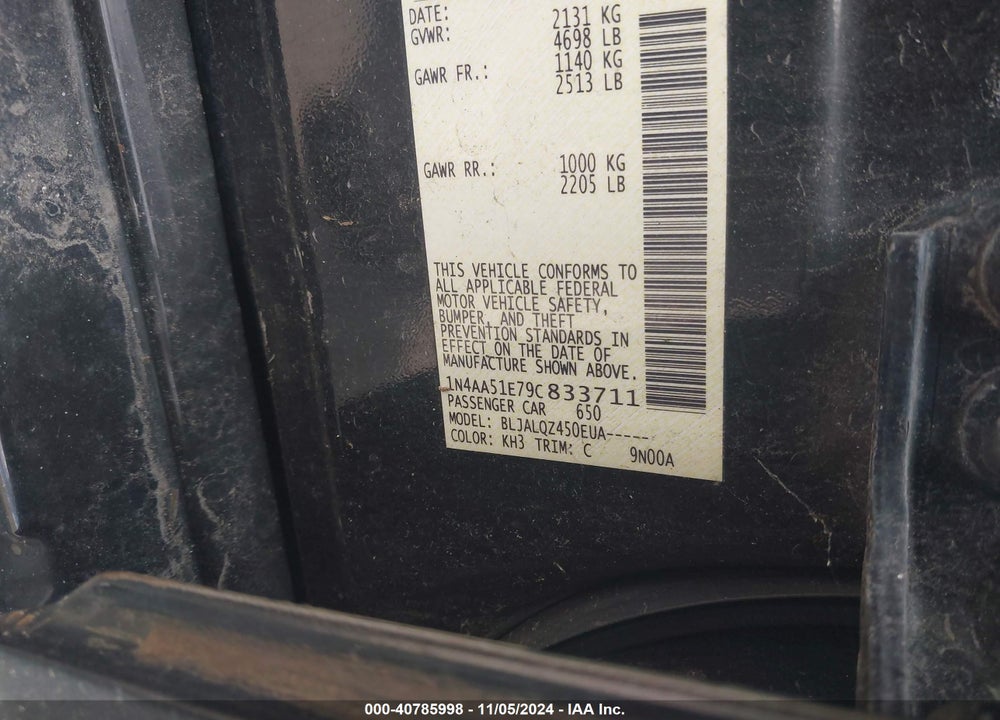 2009 NISSAN MAXIMA 3.5 S VIN: 1N4AA51E79C833711