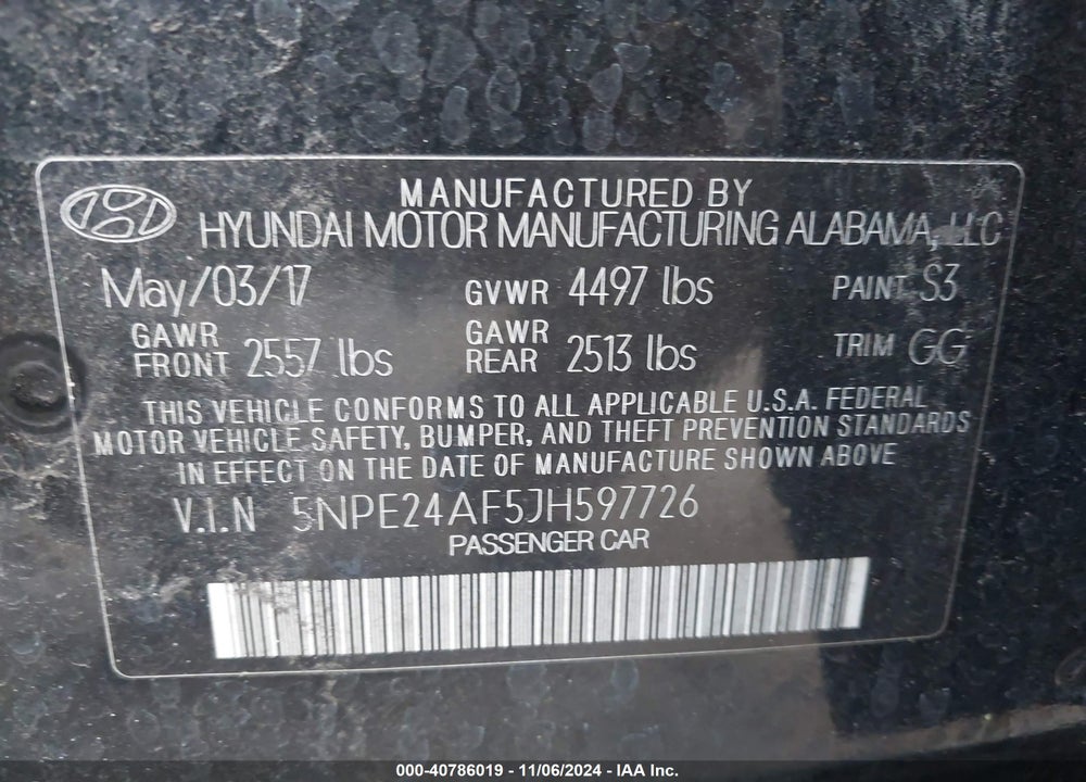 2018 HYUNDAI SONATA SE VIN: 5NPE24AF5JH597726