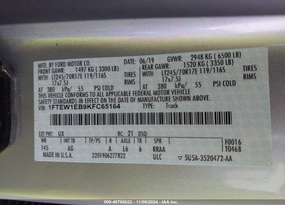 2019 FORD F-150 XL VIN: 1FTEW1EB9KFC65164