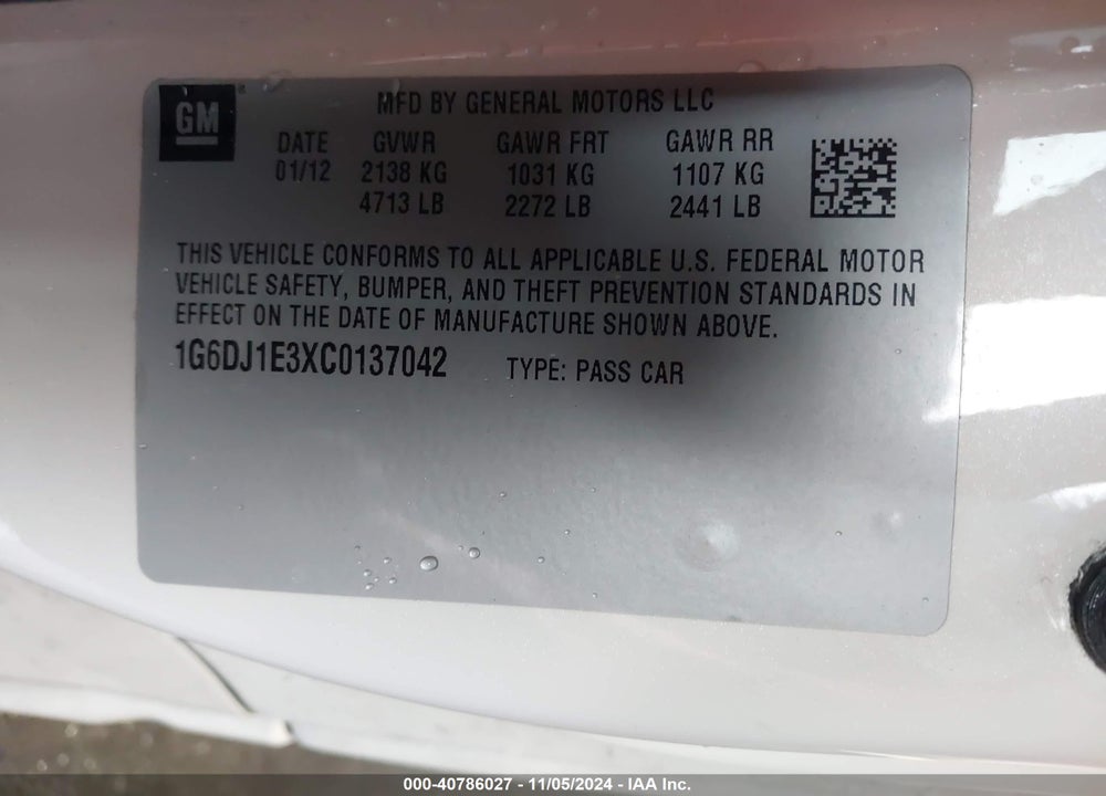 2012 CADILLAC CTS PERFORMANCE VIN: 1G6DJ1E3XC0137042