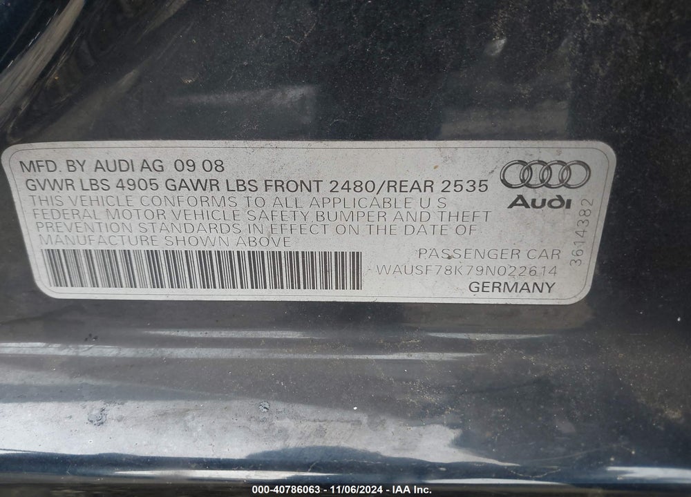 2009 AUDI A4 2.0T PREMIUM VIN: WAUSF78K79N022614