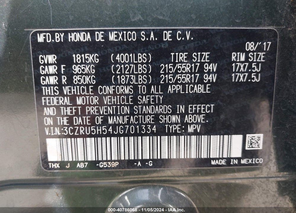 2018 HONDA HR-V EX VIN: 3CZRU5H54JG701334