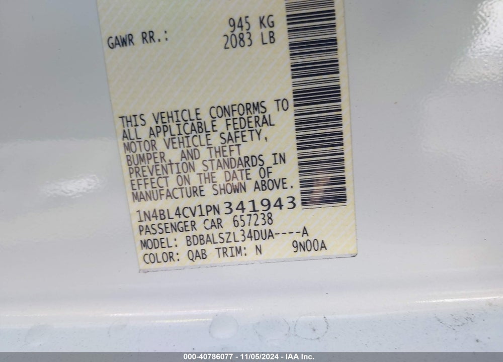 2023 NISSAN ALTIMA SR FWD VIN: 1N4BL4CV1PN341943
