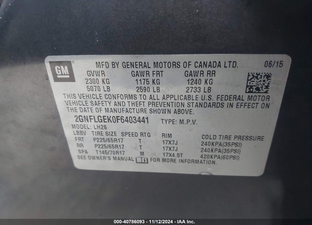 2015 CHEVROLET EQUINOX VIN: 2GNFLGEK0F6403441
