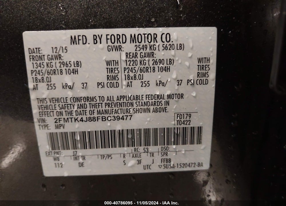 2015 FORD EDGE SEL VIN: 2FMTK4J88FBC39477