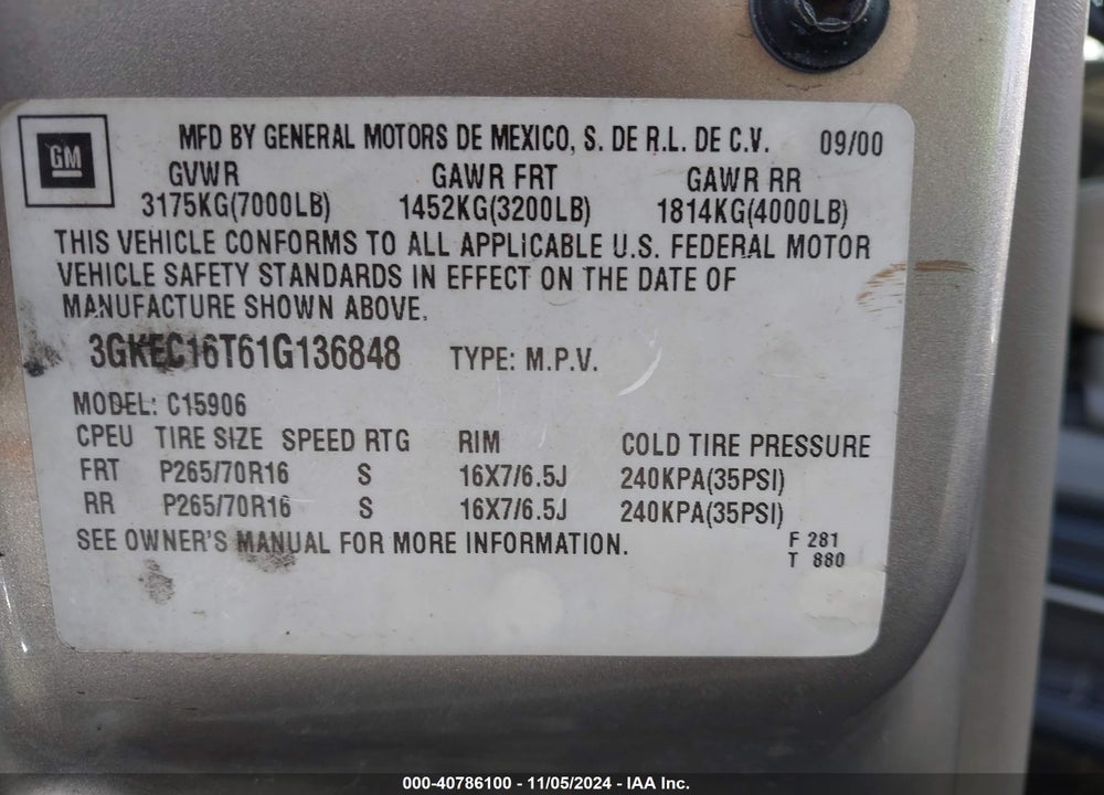2001 GMC YUKON XL 1500 SLT VIN: 3GKEC16T61G136848