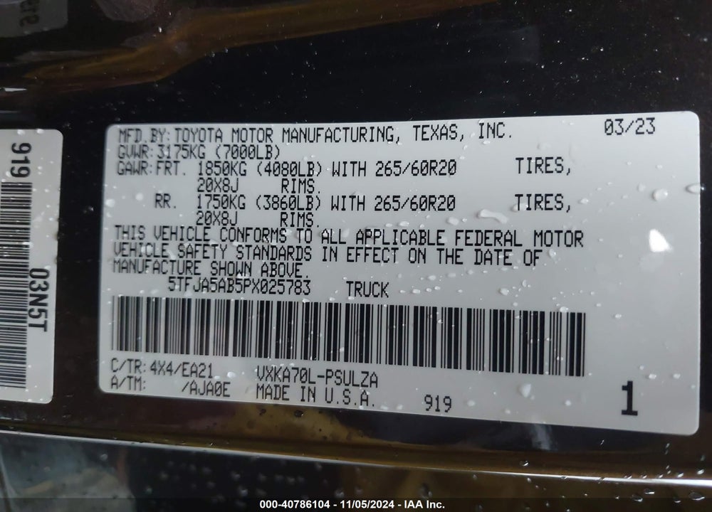 2023 TOYOTA TUNDRA LIMITED VIN: 5TFJA5AB5PX025783
