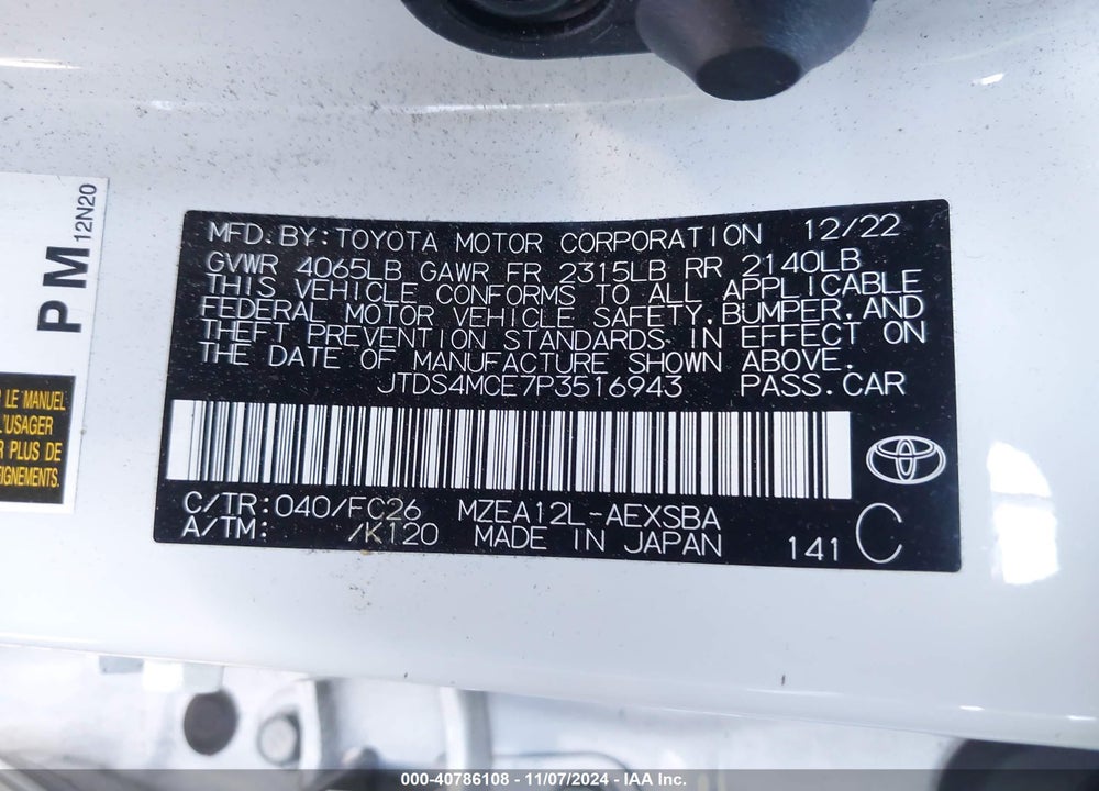 2023 TOYOTA COROLLA SE VIN: JTDS4MCE7P3516943