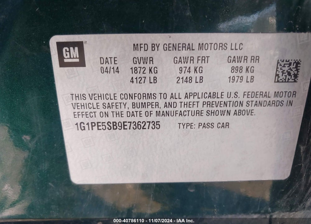 2014 CHEVROLET CRUZE VIN: 1G1PE5SB9E7362735