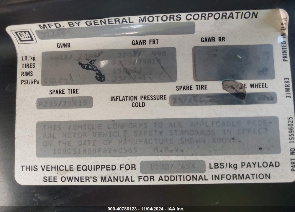 1985 CHEVROLET BLAZER S10 VIN: 1G8CS18B8F8240565