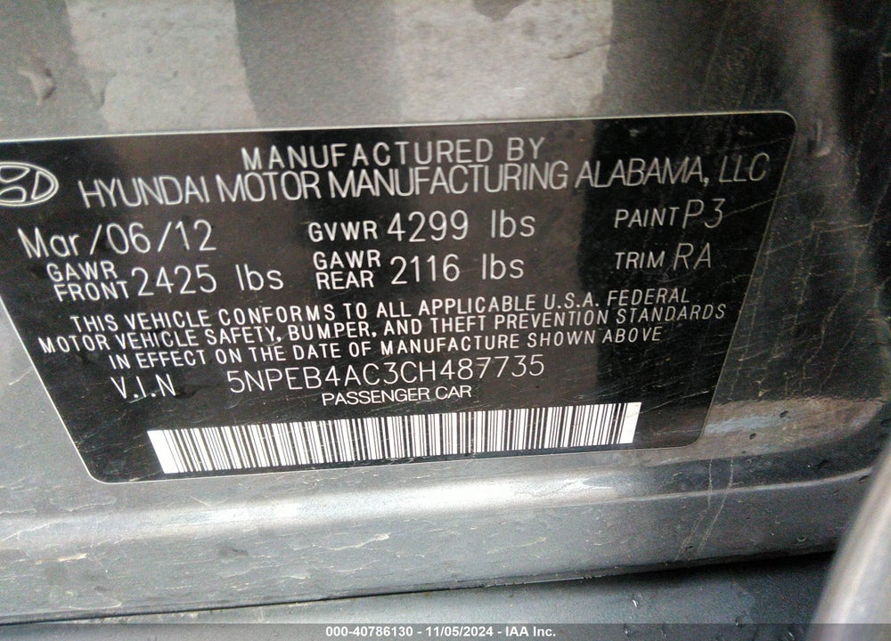 2012 HYUNDAI SONATA GLS VIN: 5NPEB4AC3CH487735