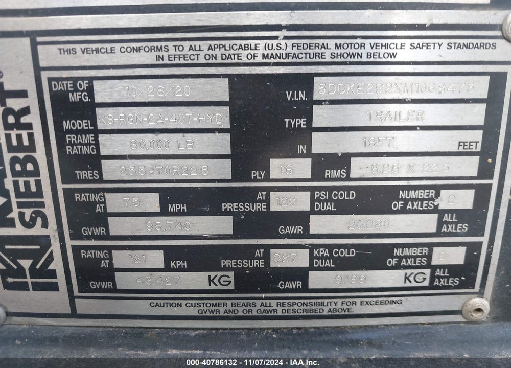 2021 KALYN CO TRAILER VIN: 5DDKE292XM1068473