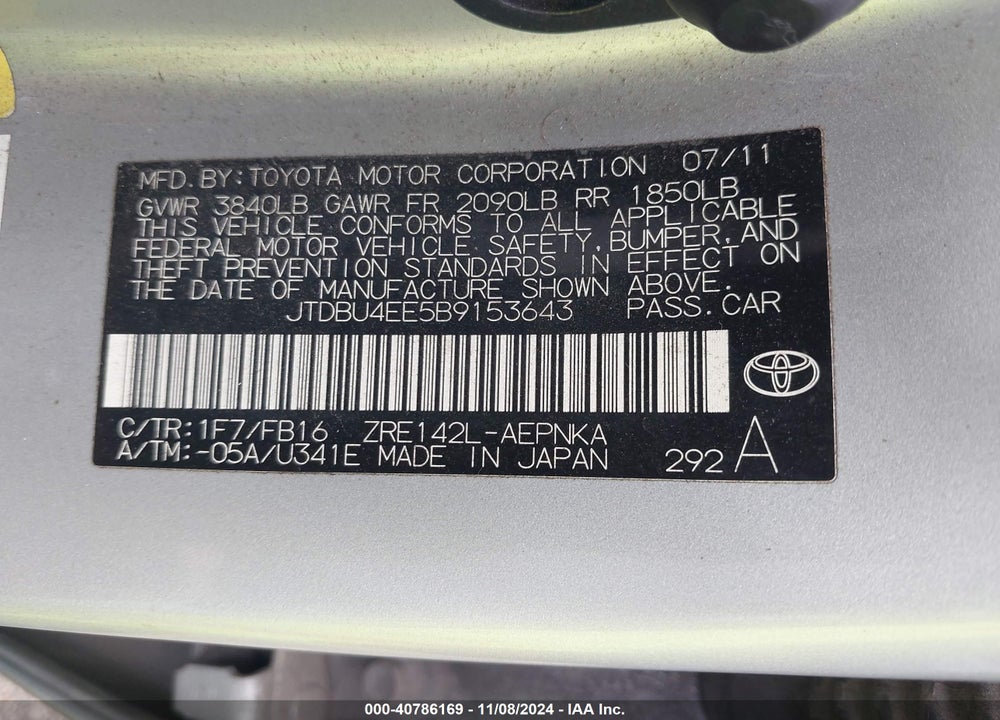 2011 TOYOTA COROLLA LE VIN: JTDBU4EE5B9153643