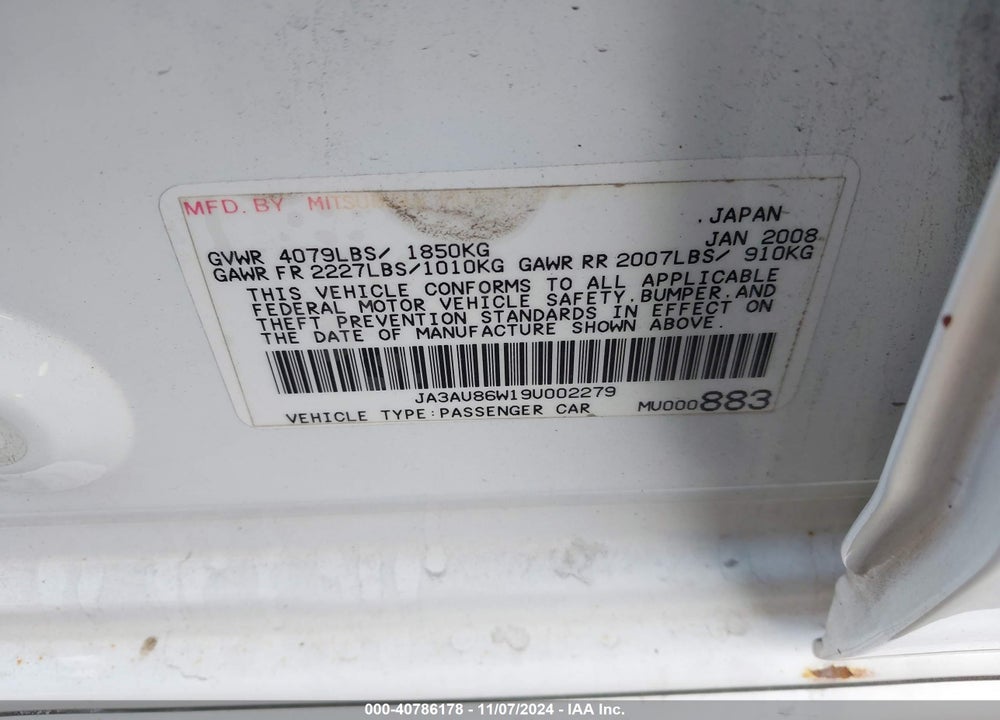2009 MITSUBISHI LANCER GTS VIN: JA3AU86W19U002279