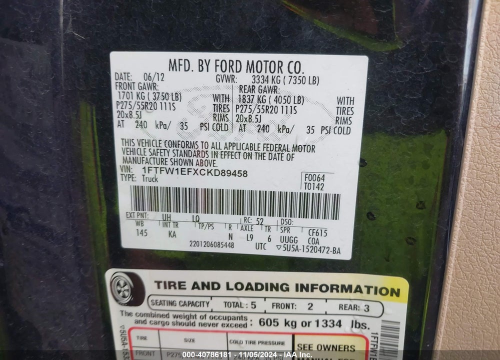 2012 FORD F-150 KING RANCH VIN: 1FTFW1EFXCKD89458