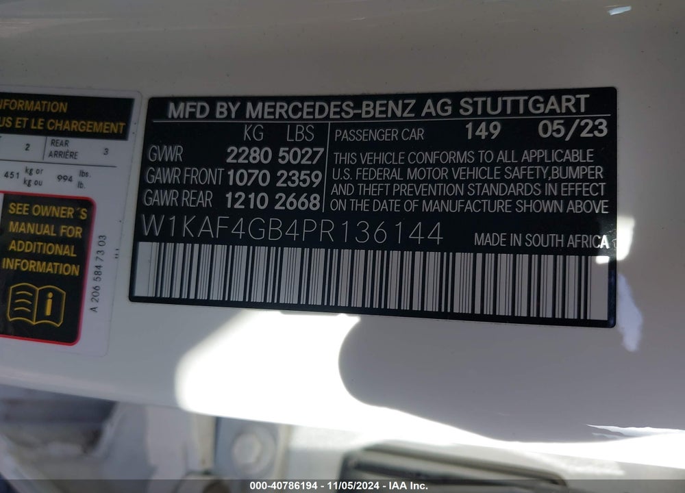 2023 MERCEDES-BENZ C 300 SEDAN VIN: W1KAF4GB4PR136144