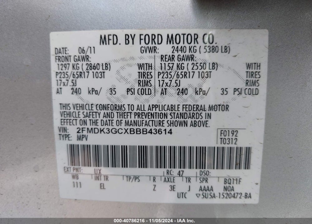 2011 FORD EDGE SE VIN: 2FMDK3GCXBBB43614