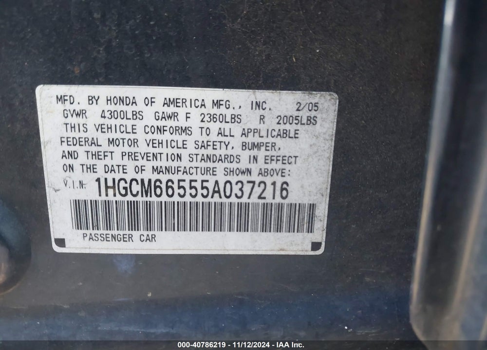2005 HONDA ACCORD 3.0 EX VIN: 1HGCM66555A037216