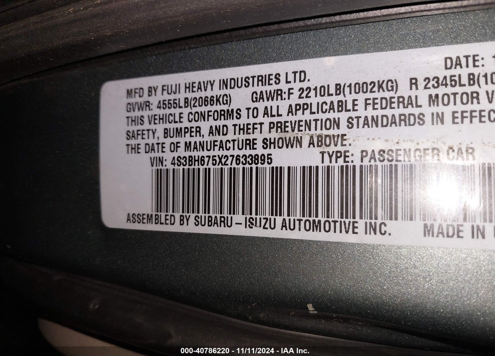 2002 SUBARU OUTBACK VIN: 4S3BH675X27633895