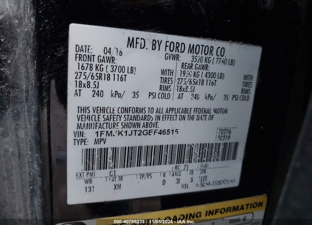 2016 FORD EXPEDITION EL XLT VIN: 1FMJK1JT2GEF46515