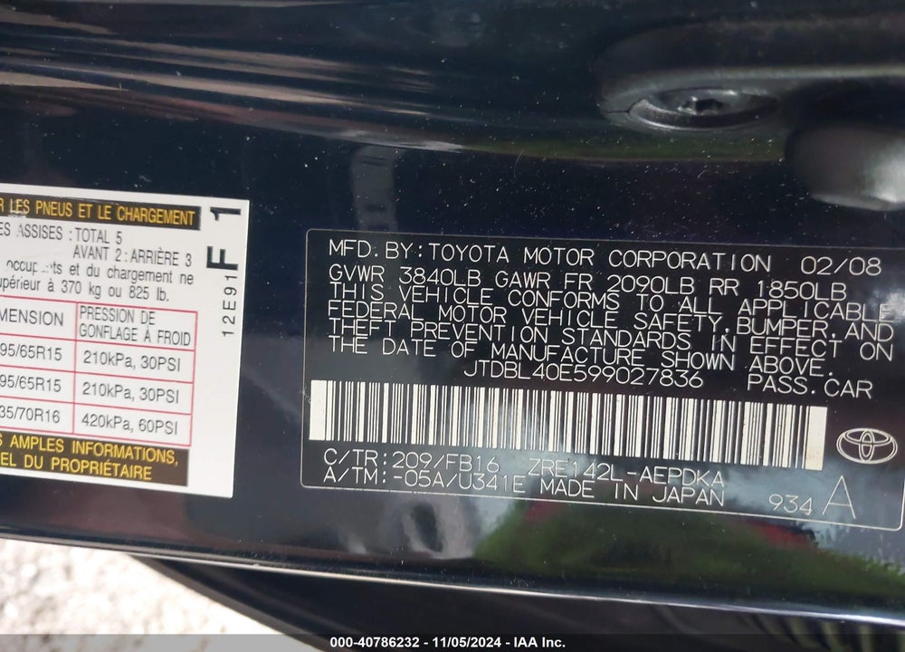 2009 TOYOTA COROLLA LE VIN: JTDBL40E599027836