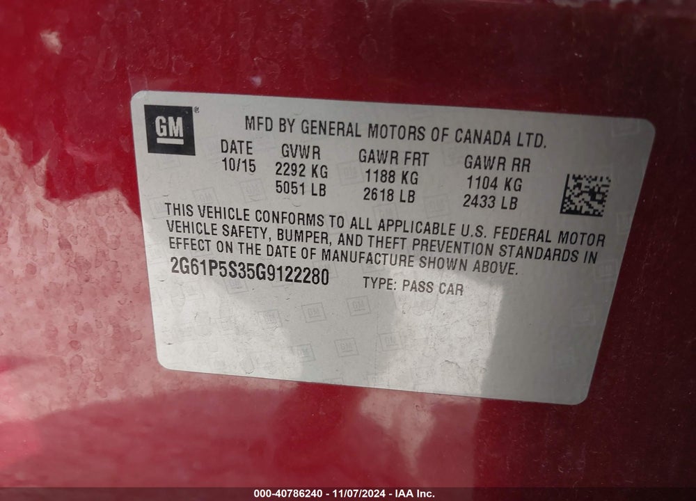 2016 CADILLAC XTS PREMIUM COLLECTION VIN: 2G61P5S35G9122280