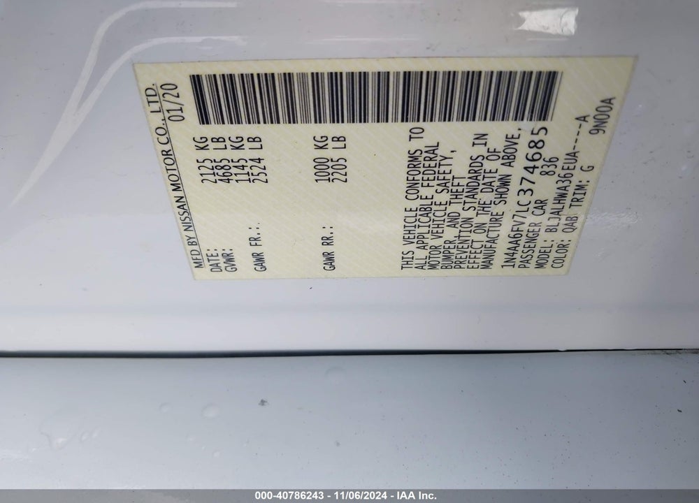 2020 NISSAN MAXIMA PLATINUM XTRONIC CVT VIN: 1N4AA6FV7LC374685