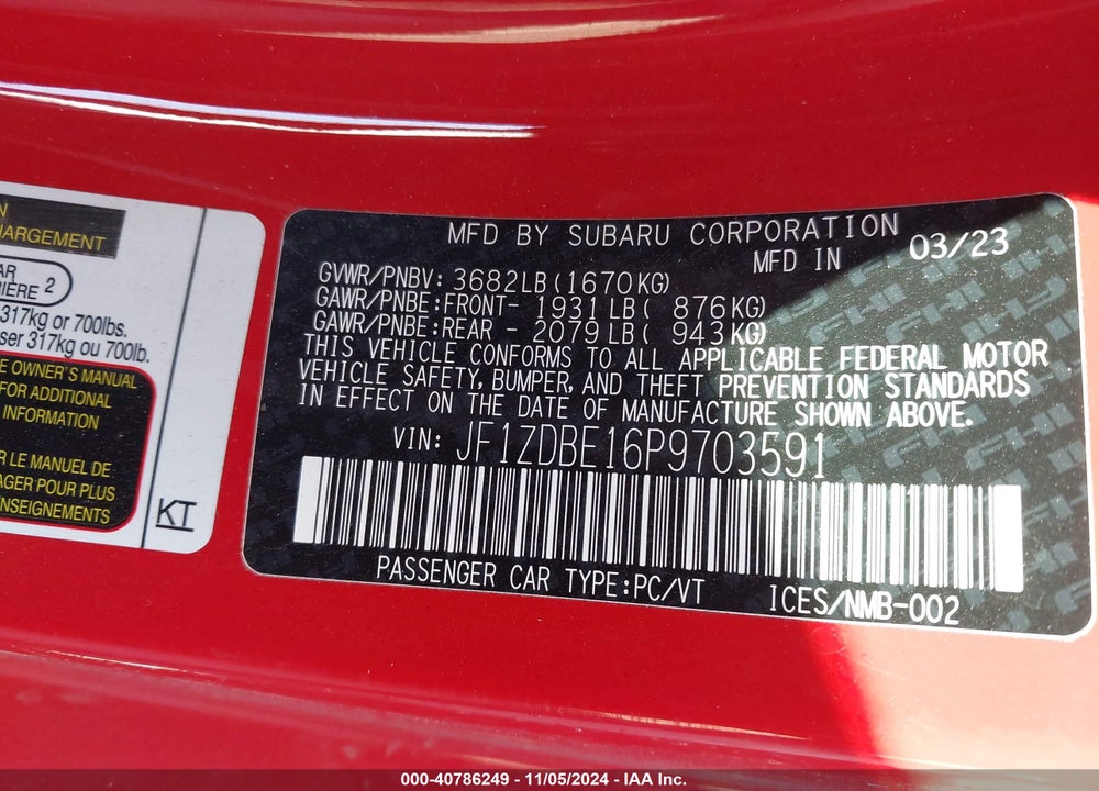 2023 SUBARU BRZ LIMITED VIN: JF1ZDBE16P9703591