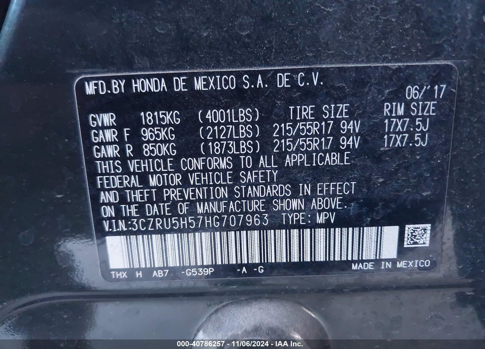 2017 HONDA HR-V EX VIN: 3CZRU5H57HG707963